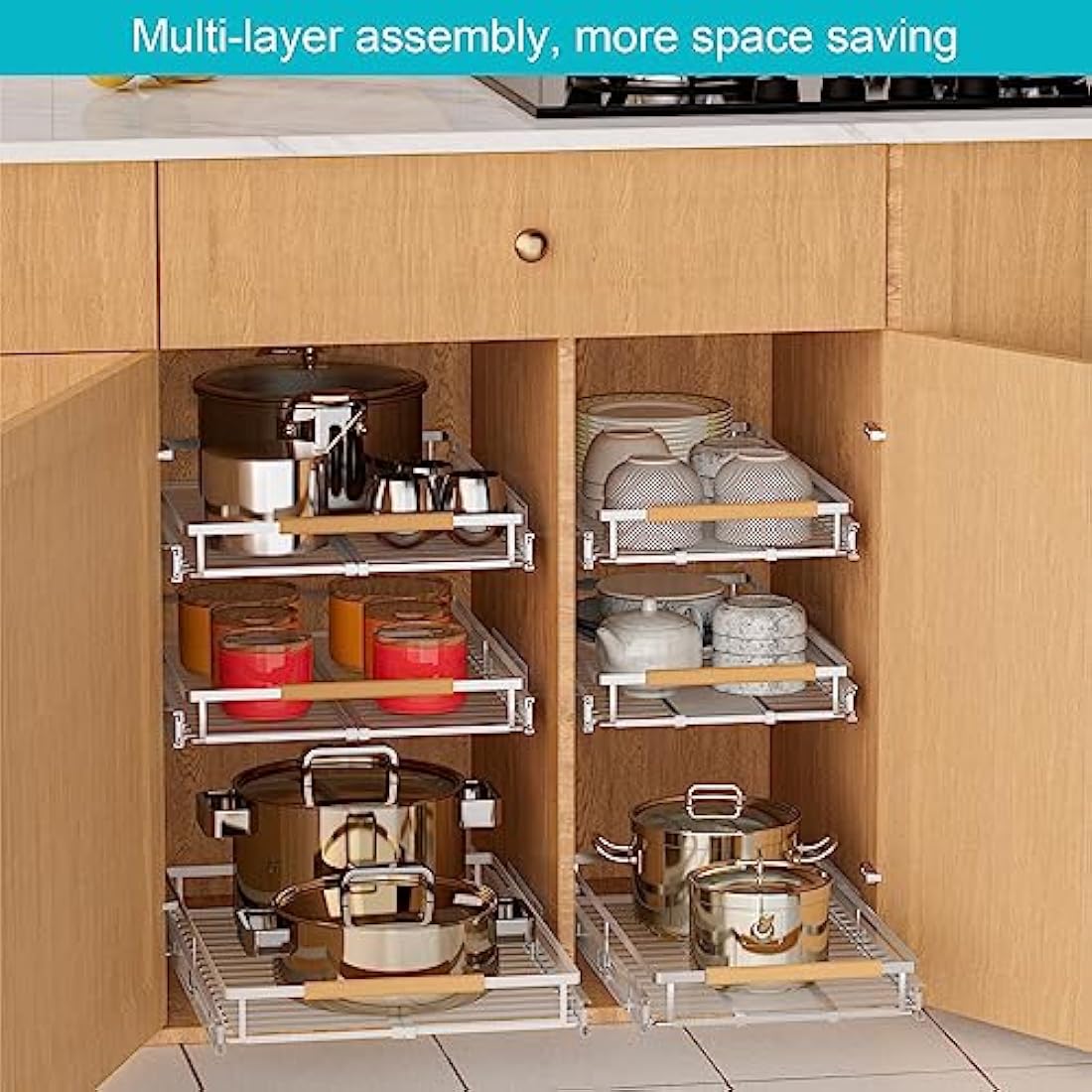 iPEGTOP Pull Out Cabinet Drawer Shelf Organizer, Extendable Sliding Slide Out Pantry Shelves Storage Heavy Duty for Kitchen Cabinets Under Sink, Adjustable Width 16.3~26.3" W x 17.3" D