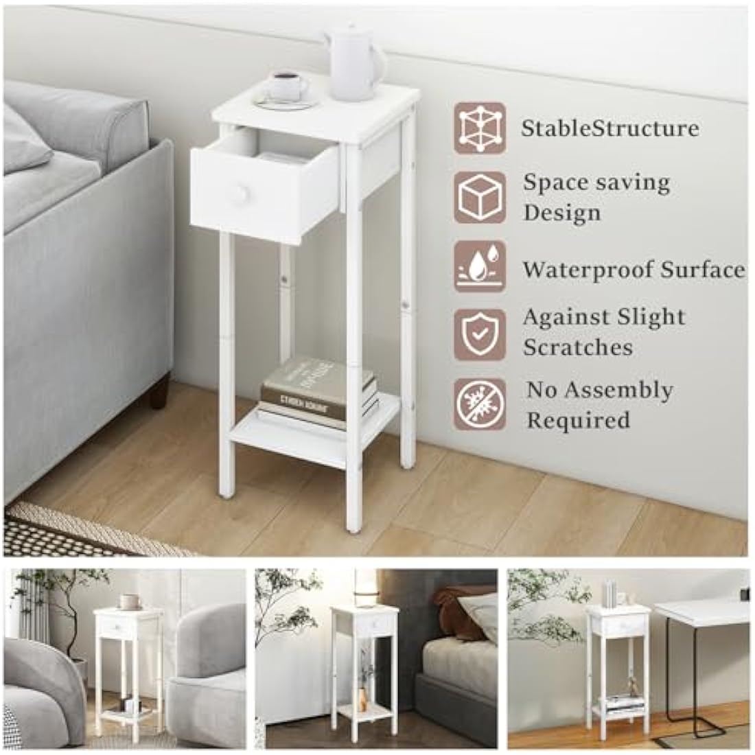IBUYKE Slim Bedside Table Set of 2, Narrow Nightstand with Drawer, Telephone Table for Small Spaces, 25x25x70cm, Small Side End Table for Bedroom Living Room Hallway, White TMJ417W-2