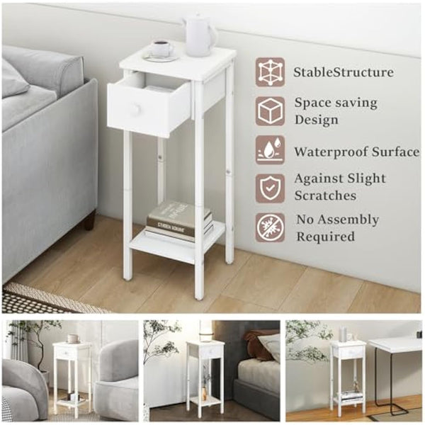 IBUYKE Slim Bedside Table Set of 2, Narrow Nightstand with Drawer, Telephone Table for Small Spaces, 25x25x70cm, Small Side End Table for Bedroom Living Room Hallway, White TMJ417W-2