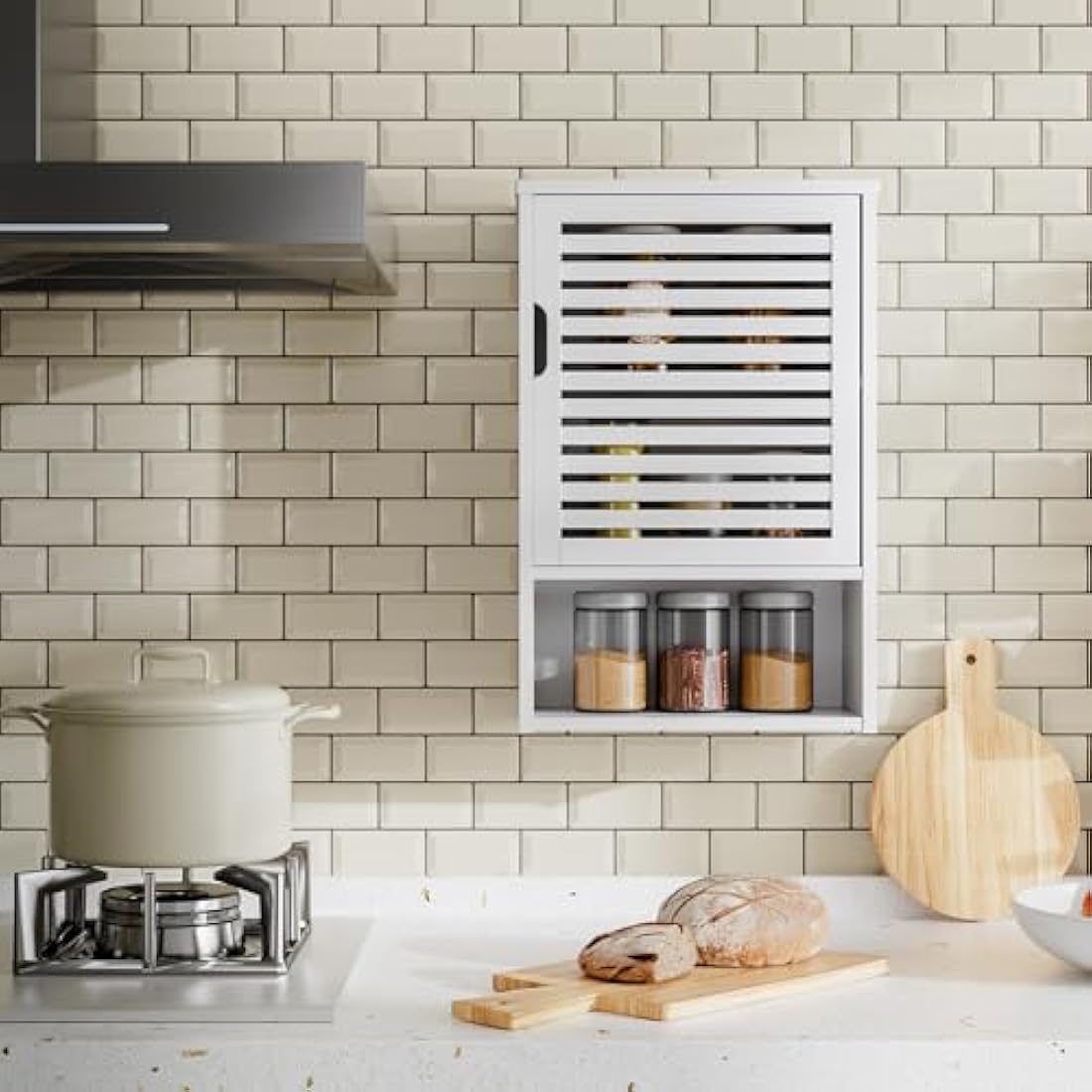 HITNET White Bathroom Wall Cabinet, Bamboo Medicine Cabinet, Single Door Hanging Storage Cupboard with Adjustable Shelf