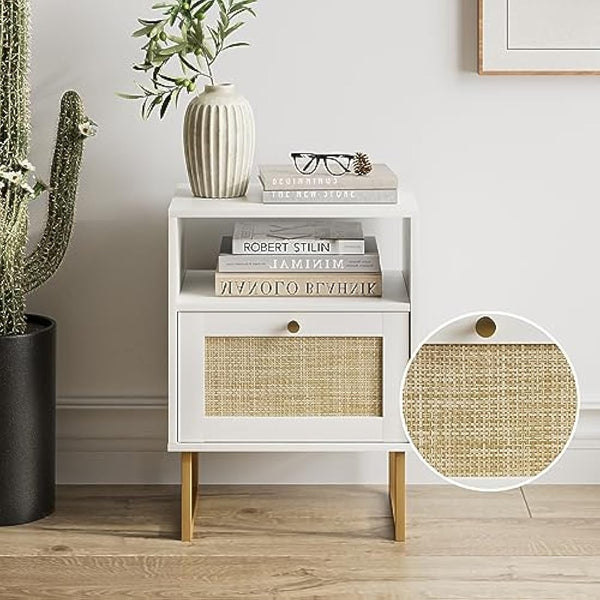 HEYZOEY Rattan Bedside Table,Modern Boho Farmhouse Wood Nightstand with Storage Drawer and Open Shelf,Small Gold Frame Side Table for Bedroom,Living Room,Office(White)