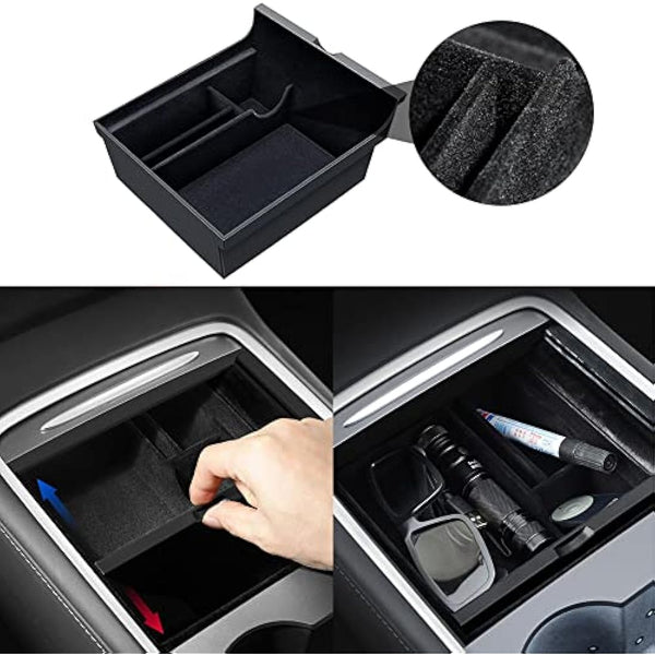 Center Console Organizer Tray + Armrest Hidden Storage Box + Cup holder 3 PCS for Tesla Model 3 Model Y 2023 2022 2021, Car Interior Flocked Hidden Cubby Drawer, Drink Holder