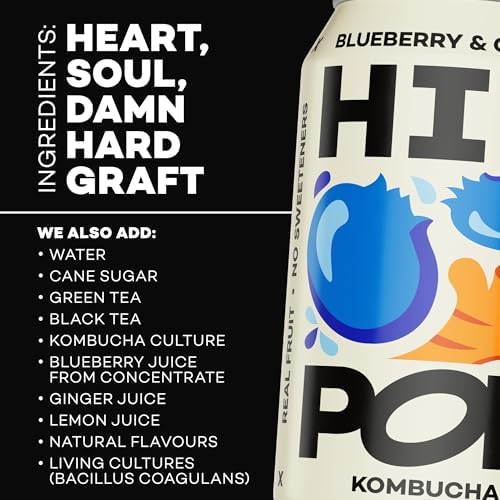 Hip Pop Kombucha, Blueberry & Ginger, Low Calorie, 100% Natural, Vegan, Branding of Cans May Vary, 24 x 330 ml