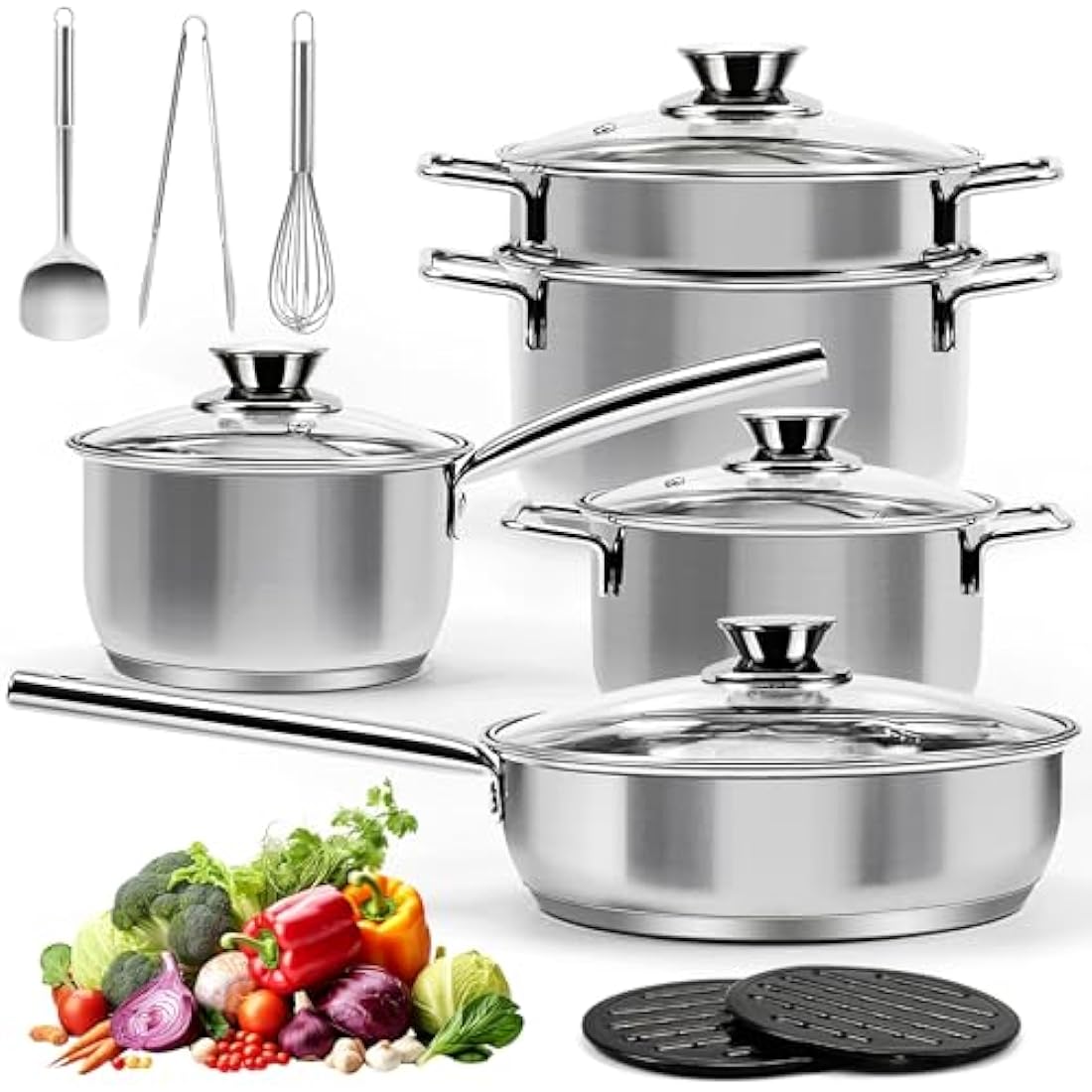 14-Piece Stainless Steel Pots and Pans Set, Induction Saucepan Set, Saucepan with Steamer & Glass Lids & Utensil Set, Bread Clip, Egg Beaters, Hot Pads, Spatulas, Suitable for All Stoves