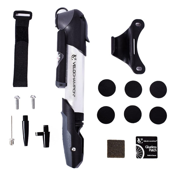 VeloChampion Mini Bicycle Pump with Frame Mount. Portable Alloy Pump For Presta, Schrader and Dunlop Valves. Suitable for All Bikes - Road, Mountain & BMX