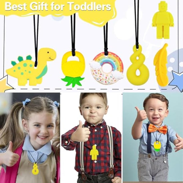6PCS Sensory Chew Necklace, Teether Chew Toys Safety Food Grade Silicone for Kids Toddlers ADHD, Autistic, Biting Needs, Oral Motor Teether Chew Pendant Toy with Adjustable Buckle for Baby (Yellow)