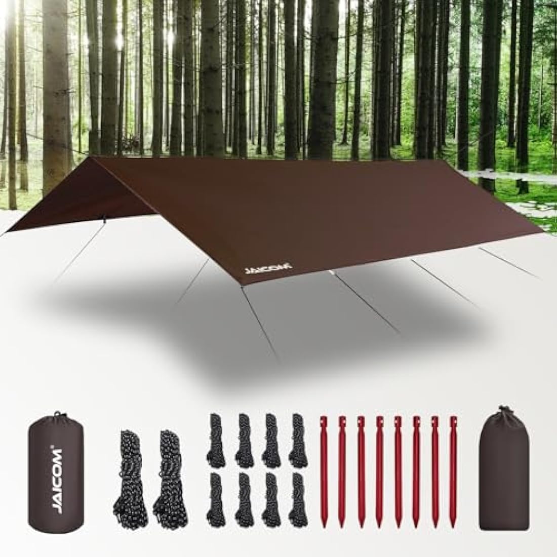JAICOM Camping Tarp, 3x5m Waterproof PU3000mm, Anti-UV, Brown, Versatile with 11 Webbing Straps, Ideal for Camping, Picnic, Beach