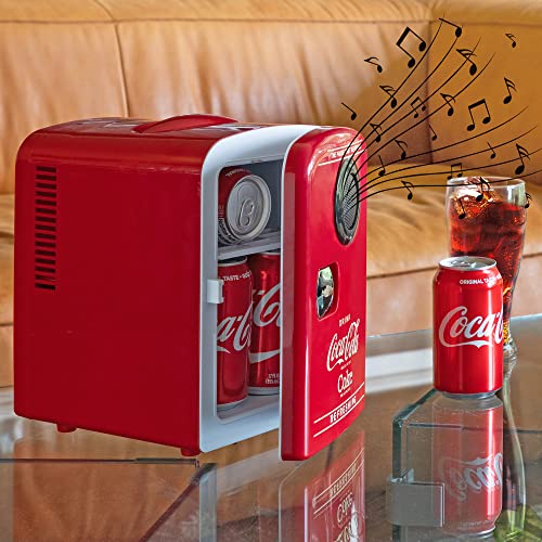 Coca-Cola Mini Fridges for Bedrooms 4L Quiet Small 6 Can Table Top Fridge For Drinks Food Coke Kids Skincare Office Home Desk Portable Retro Cooler Warmer with Built-In Bluetooth Wireless Speaker Red