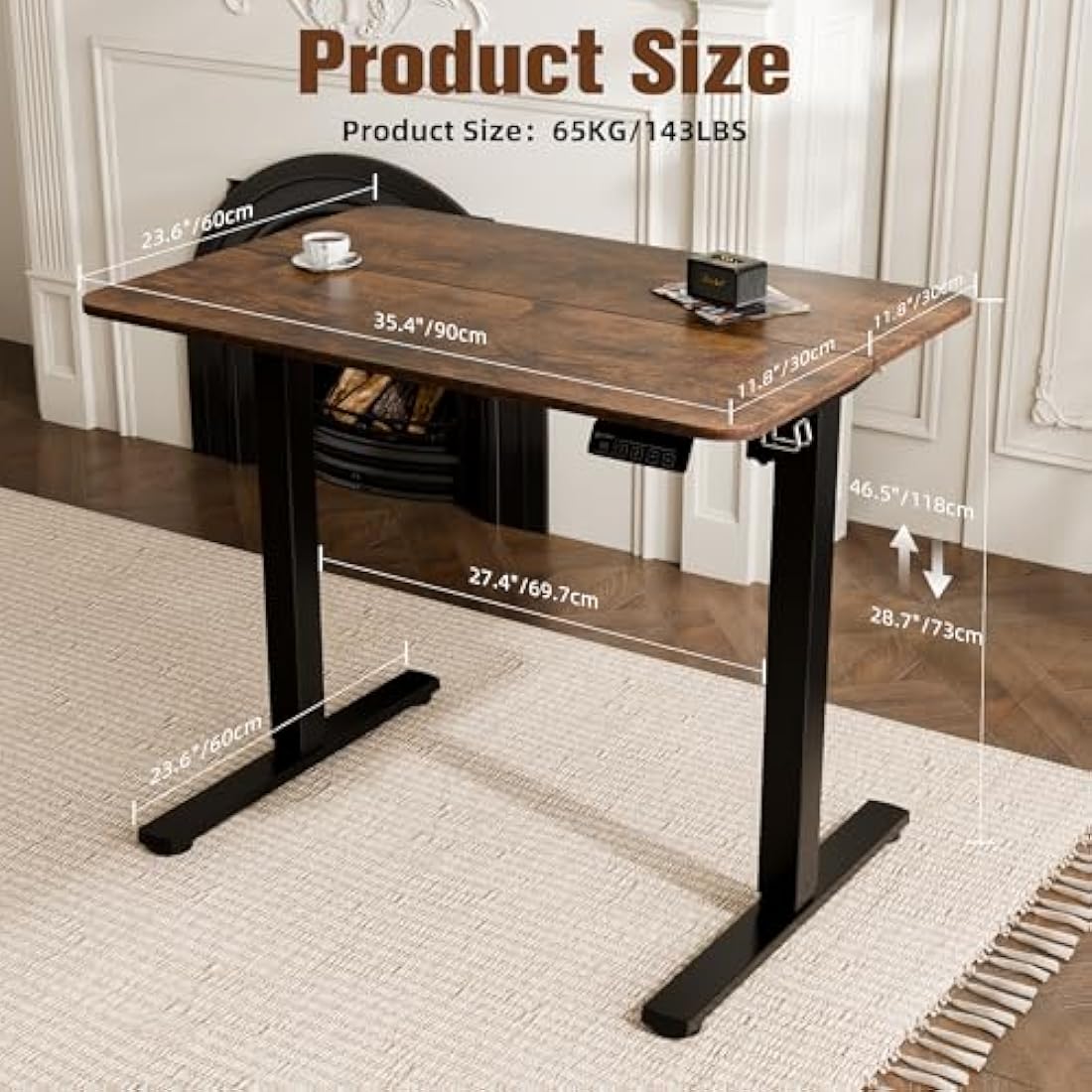 ERGOMAKER Electric Standing Desk 90x60cm, Height Adjustable Sit Stand Desk with Memory Handset Hooks for Home Office(Rustic Brown)