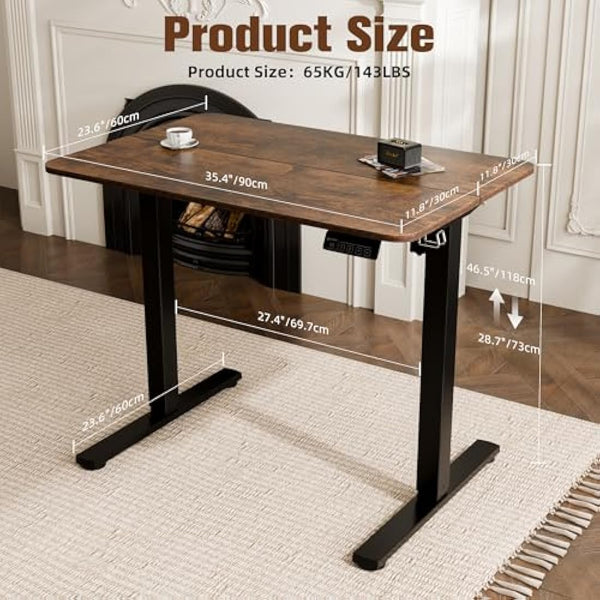 ERGOMAKER Electric Standing Desk 90x60cm, Height Adjustable Sit Stand Desk with Memory Handset Hooks for Home Office(Rustic Brown)