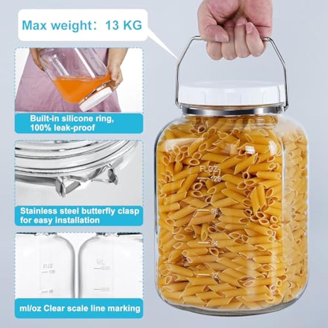 Absovetu 2 Pack Large Glass Jars with Lids Airtight 5.7 Litre - Square Glass Storage Jars with Handle Wide Mouth Mason Jar for Pasta Rice Pickle Cookie Sweet Biscuit Storage Containers