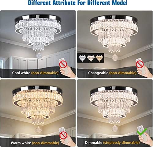 15.7" Modern Crystal Chandeliers, Dimmable LED Ceiling Light with Remote Control, K9 Crystal Flush Mount Chandeliers for Bedroom Dining Room Living Room Hallway (Multicolor