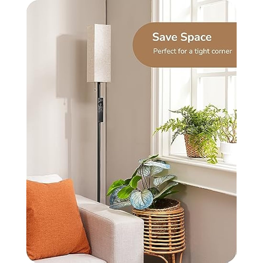 EDISHINE Floor Lamp, Standing Lamp with Square Linen Lampshade, Floor Lamps for Living Room, Bedroom, 165cm, E27 Socket(9W LED Dimmable Bulb Included), Magnetic Remote Control, Black