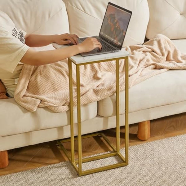 Aibiju C Shaped Side Table, End table, Laptop Holder Table for Study, Work, Industrial for Small Space,Living Room, Bedroon, Metal Frame, Modern, White Faux Marble and Gold Metal Frame, YD-TM051G