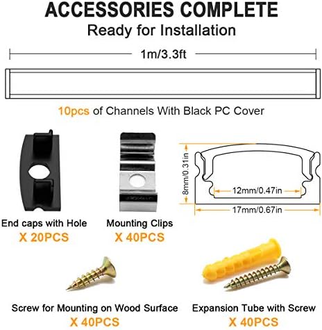 Jirvyuk LED Aluminum Channel, 10 Pack 1m/3.3ft Led Diffuser Strip and Profile for LED Strip Lights with Black Cover Indoor, End Caps and Metal Mounting Clips - (U Shape)