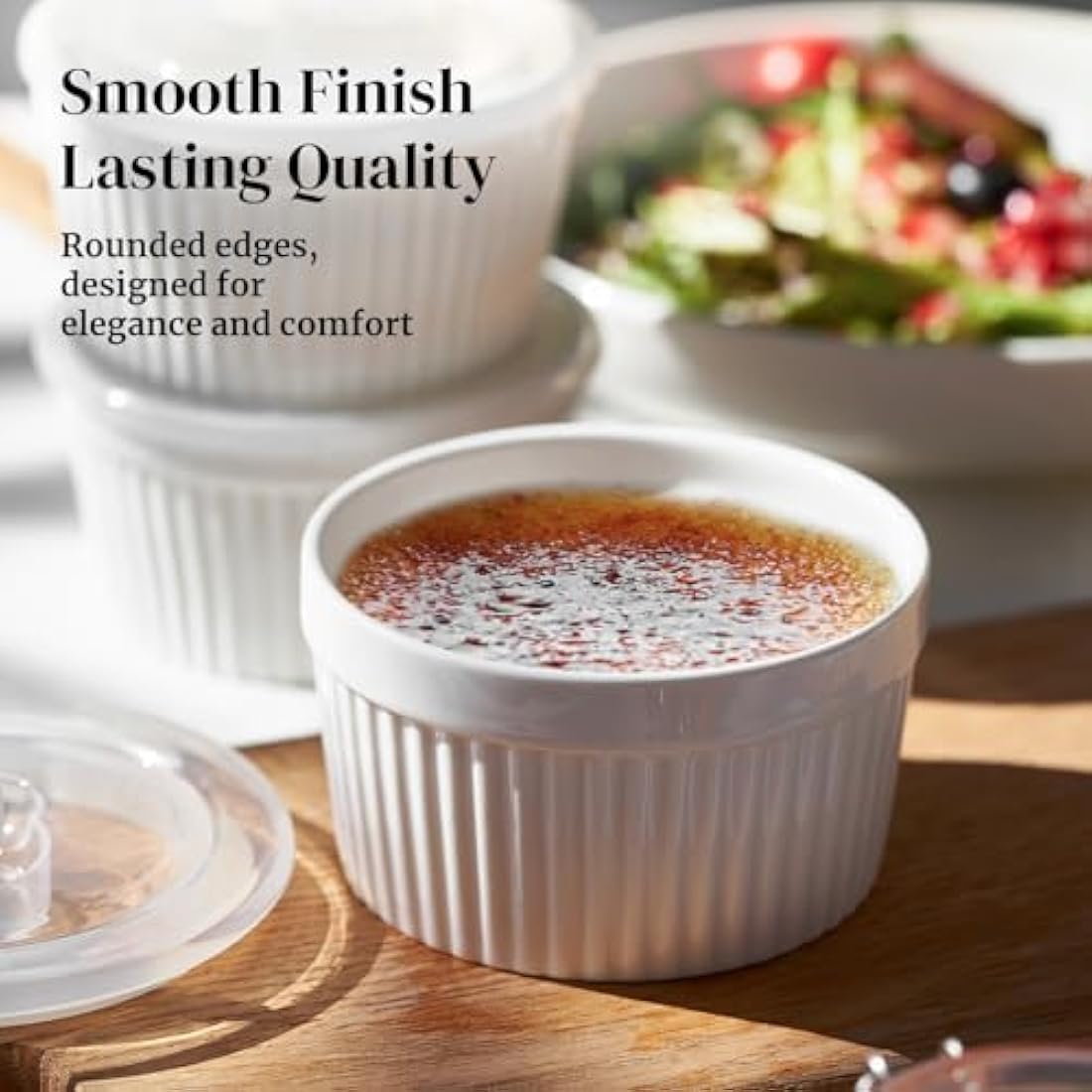 DOWAN Ramekins with Lids, 8 OZ Porcelain Ramekin Dishes for Creme Brulee Soufflé, Egg Mould, Muffin Cases, Mini Dip Bowl, Baking Bowl for Oven & Air Fryer, Classic White, Pack of 6