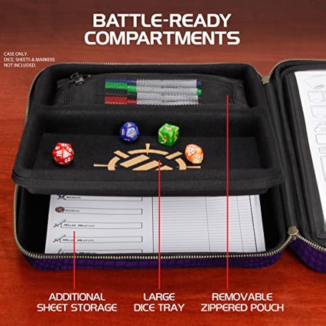 ENHANCE Collector's Edition RPG Organizer Case - DnD Binder with Built-in Character Sheet Holder and Erasable Scribe Panel, Dice Rolling Area, Removable Pen Pouch, Miniature Foam Tray (Dragon Purple)