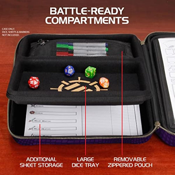 ENHANCE Collector's Edition RPG Organizer Case - DnD Binder with Built-in Character Sheet Holder and Erasable Scribe Panel, Dice Rolling Area, Removable Pen Pouch, Miniature Foam Tray (Dragon Purple)