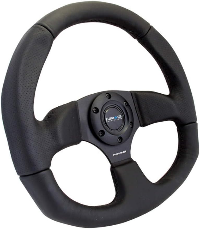 NRG Innovations NRG-RST-009R Reinforced Steering Wheel Leather Steering Wheel With/Black Stitch/Black Leather/Spoke D-Shape Flat Bottom 320 MM / 330 MM