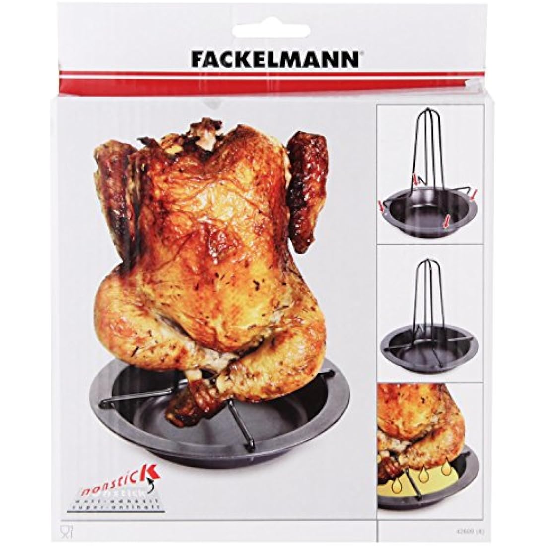 Fackelmann Chicken Roaster, with Bowl, Vertical Holder with Drip Pan, For Oven, Upright Poultry Roaster, 4x18x22cm, Black