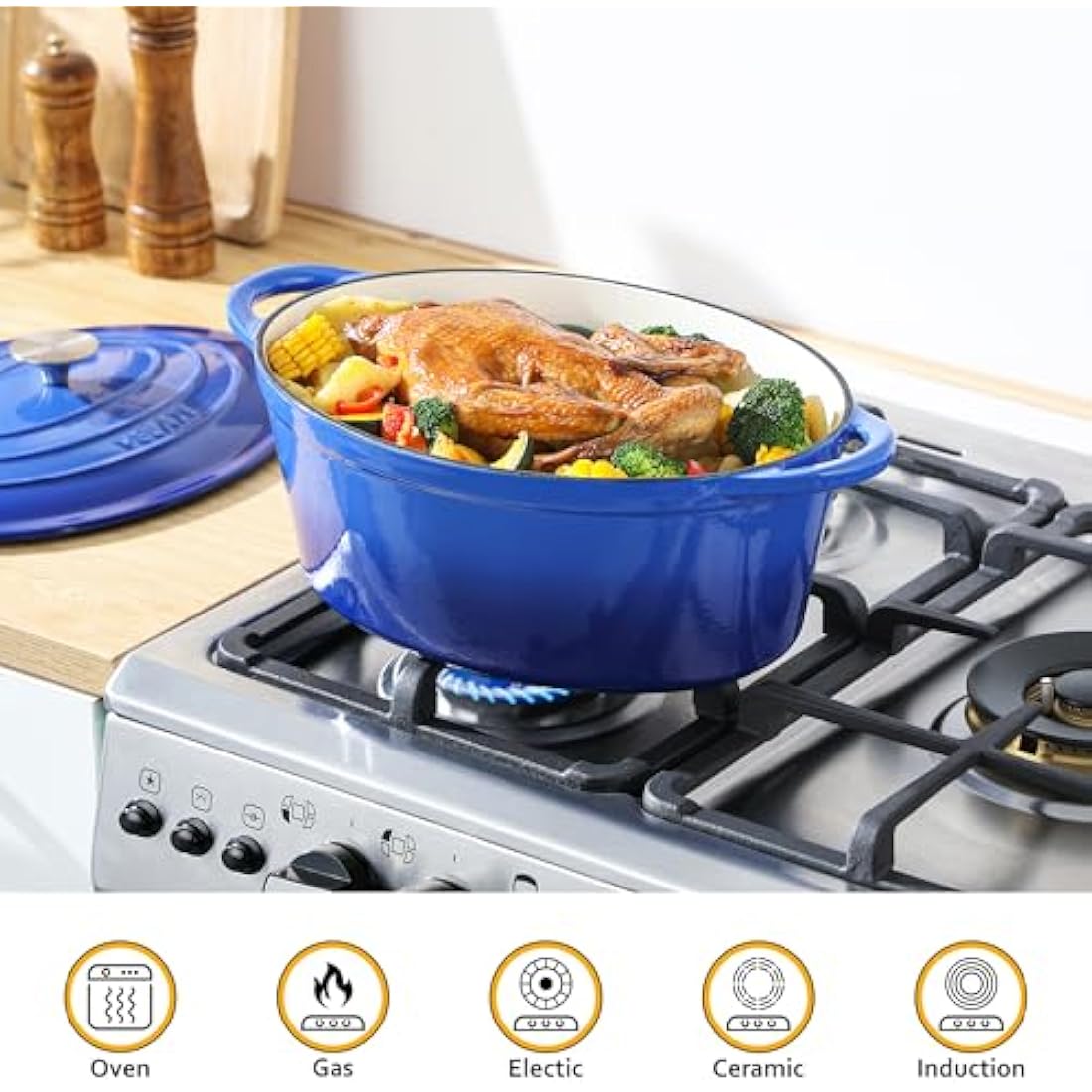 Velaze Cast Iron Enamel Cooking Pot,Non Stick Dutch Oven Pot,Casserole Dishes with Lids Oven Proof,Non-Stick Enameled Dutch Oven for All Cooktops 34cm/7.5L(Blue)