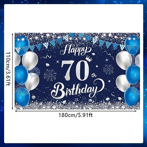 Happy 70th Birthday Banner, 1.1 x 1.8m Blue Silver 70th Birthday Decorations for Women, Men, Anniversary Party Supplies