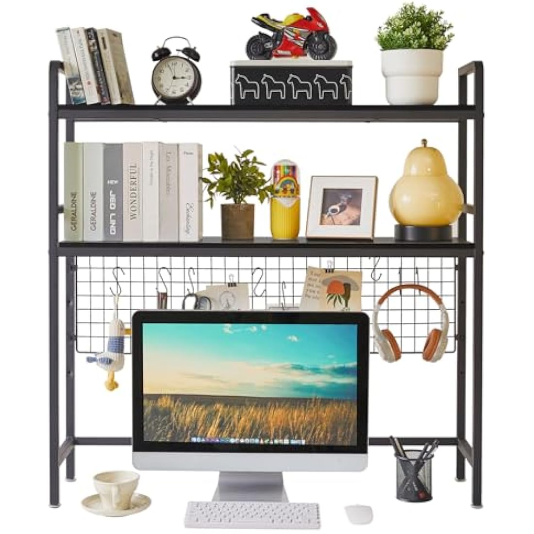 IBUYKE Computer Desktop Bookcase 2-Tier 37.5 Inch Multipurpose Wood Desk Hutch Bookshelf for Computer with Adjustable Shelf Display Rack Desk Organizer for Office Home Dormitory,Black TMZ003B