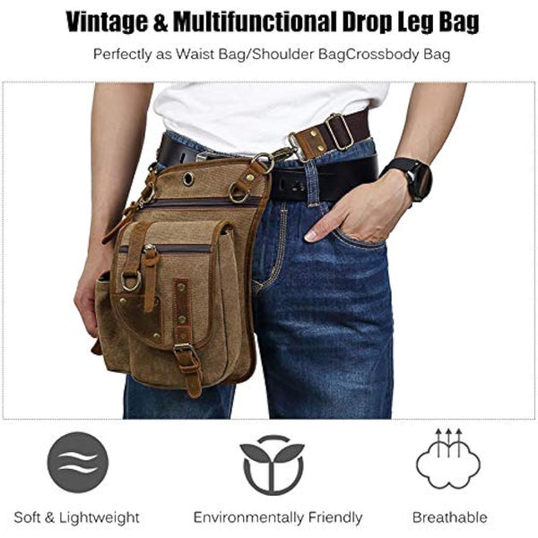 FANDARE Canvas Drop Leg Bag Hiking Waist Pack Sling Crossbody Bag Shoulder Backpack Men Chest Bag Women Casual Daypacks for Outdoor Motorcycle Tactical Riding Cycling Hiking Fishing Travel Fanny Pouch
