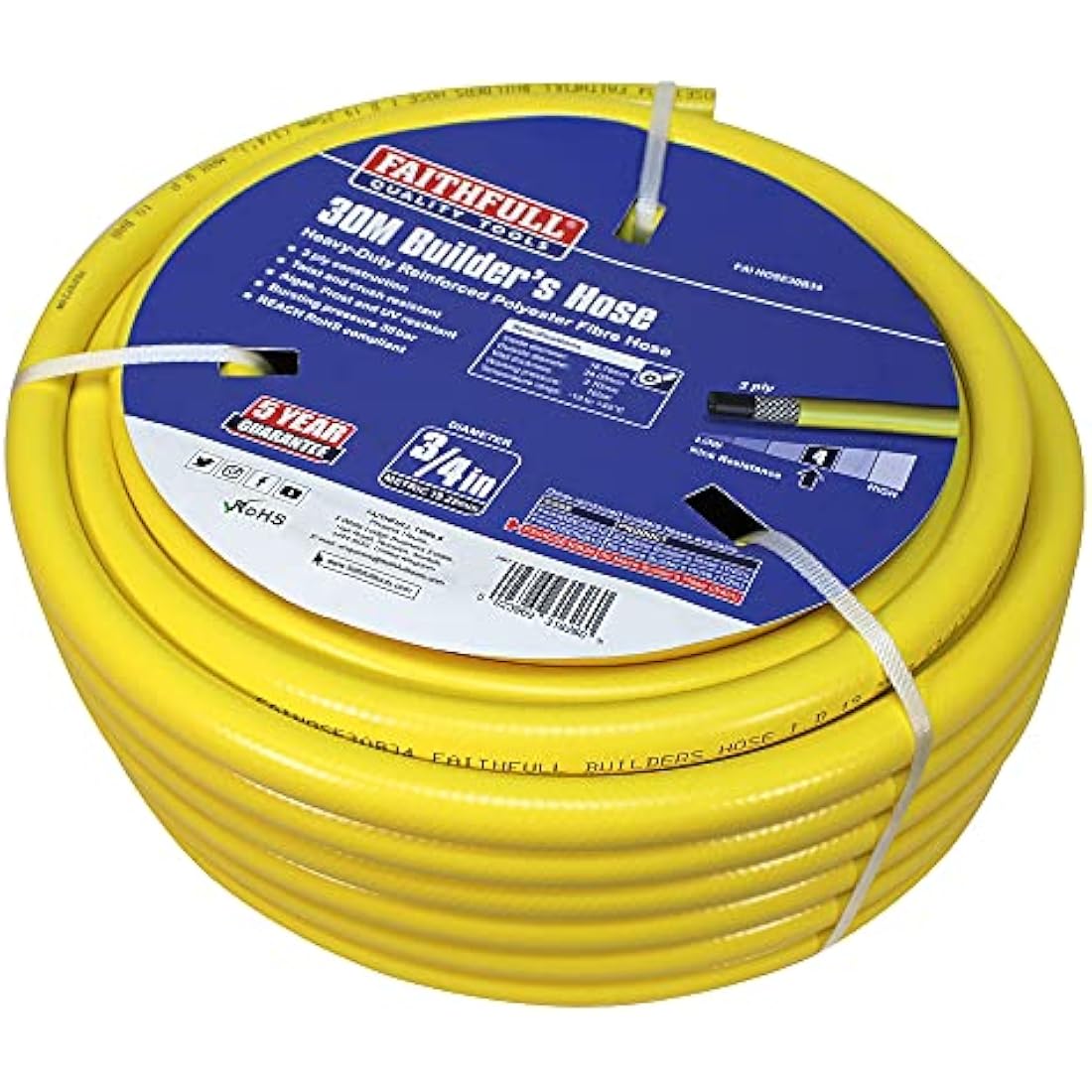 Faithfull Heavy-Duty Reinforced PVC Builders Hose 30M (98ft) 19mm (3/4in) Diameter – 24 Braid Fibre Mesh, Kink & Twist Resistant Hose Pipe