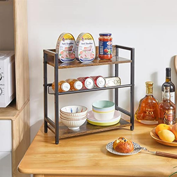 IBUYKE 3-Tier Spice Rack - Industrial Counter Shelf,Desktop Storage Organizer,Standing Seasoning Rack for Countertop Kitchen,Office,Living Room,Rustic Brown TLJ021H
