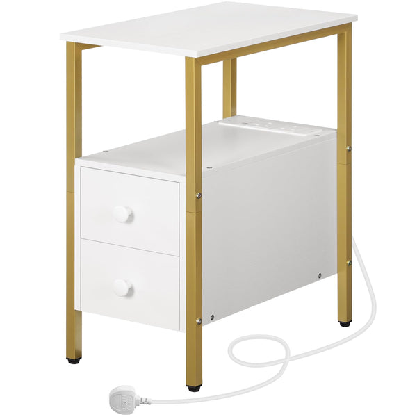 HOOBRO Side Table, Narrow Bedside Table with Charging Station, USB Ports and Power Outlets, Slim Side Table for Small Spaces, 2 Drawers, Industrial