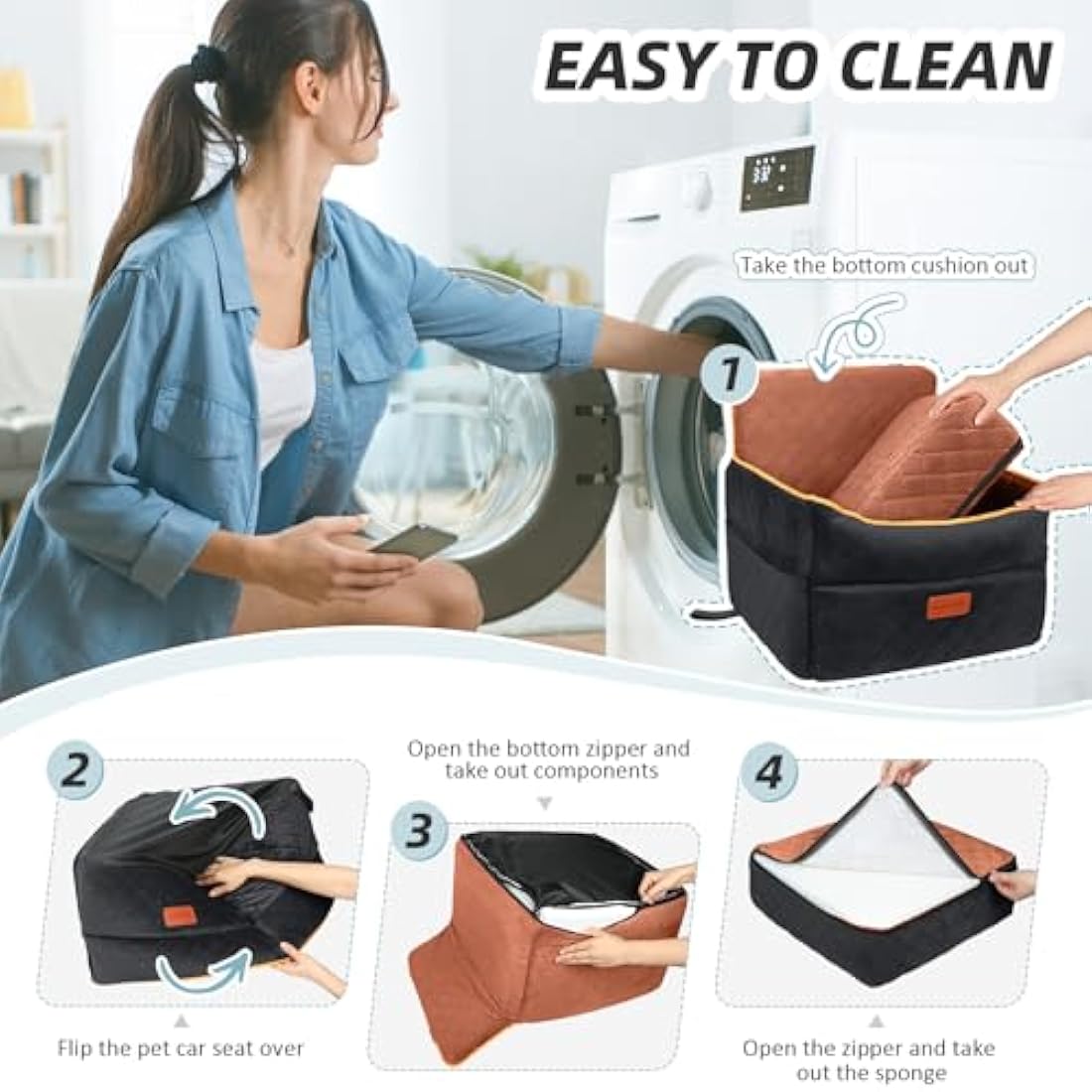 HEGGCOOE Small Dog Car Seat, Memory Foam Dog Booster Seats with Thick Cushion for Medium Dogs Under 35lbs, Detachable Washable Pet Car Seat with Storage Pockets,2 Safety Belts-Black/Z