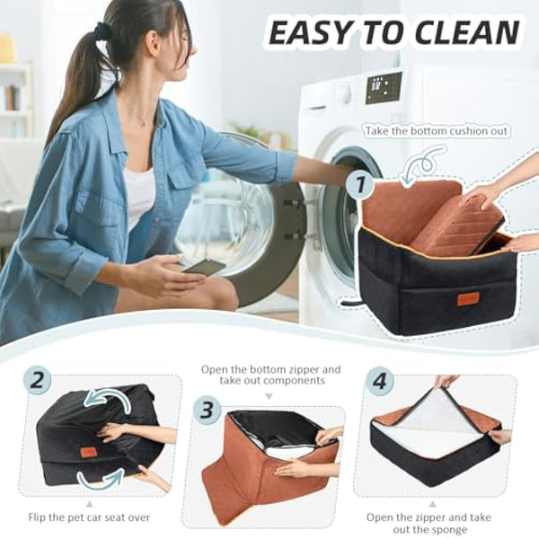 HEGGCOOE Small Dog Car Seat, Memory Foam Dog Booster Seats with Thick Cushion for Medium Dogs Under 35lbs, Detachable Washable Pet Car Seat with Storage Pockets,2 Safety Belts-Black/Z