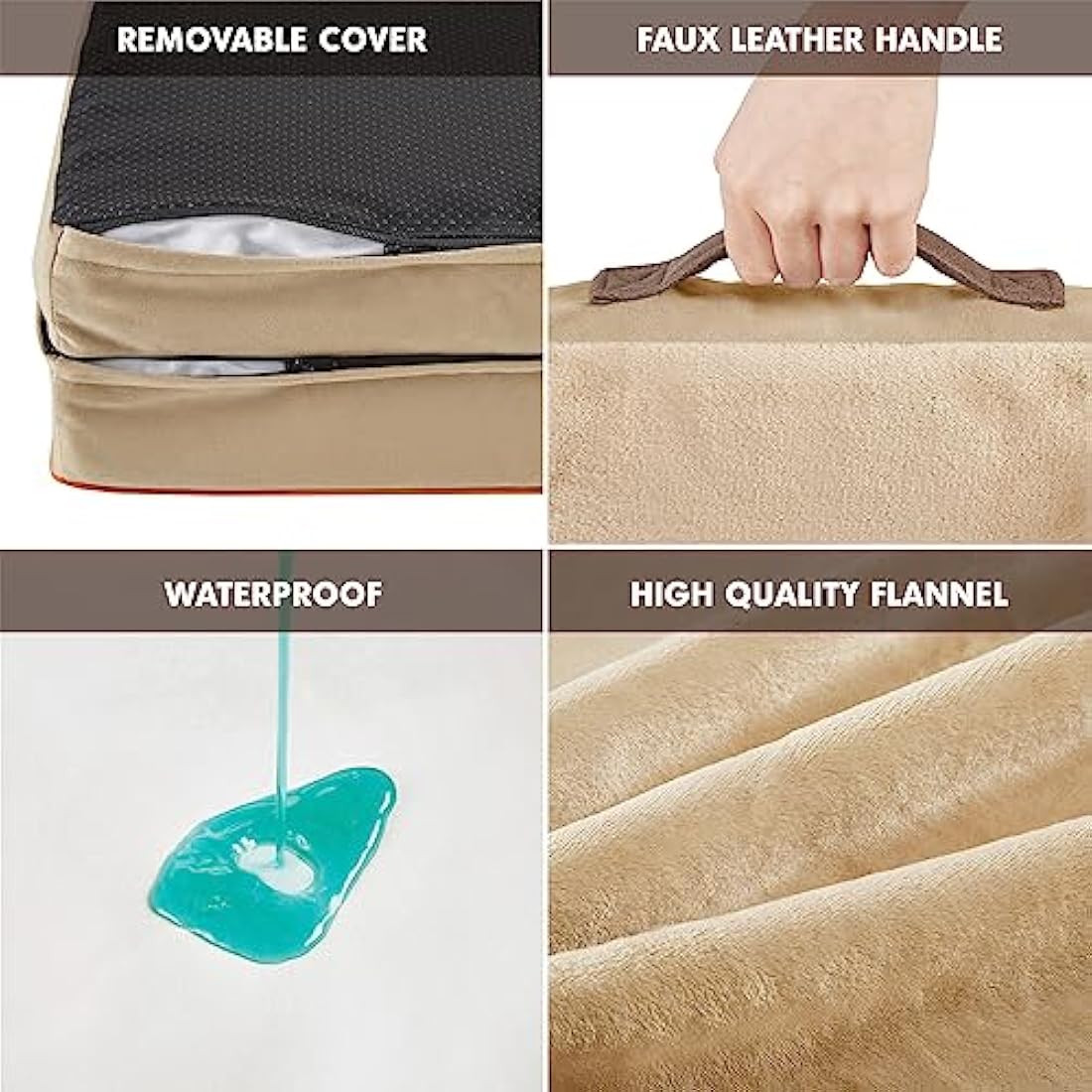 Codi Large Memory Foam Layer Dog Bed, Washable Orthopedic Dogs Beds Couch with Removable Zipper Cover, Waterproof Pet Sofa with U-Shape Bolster, Khaki, 91x68x(7.5+8.9) cm