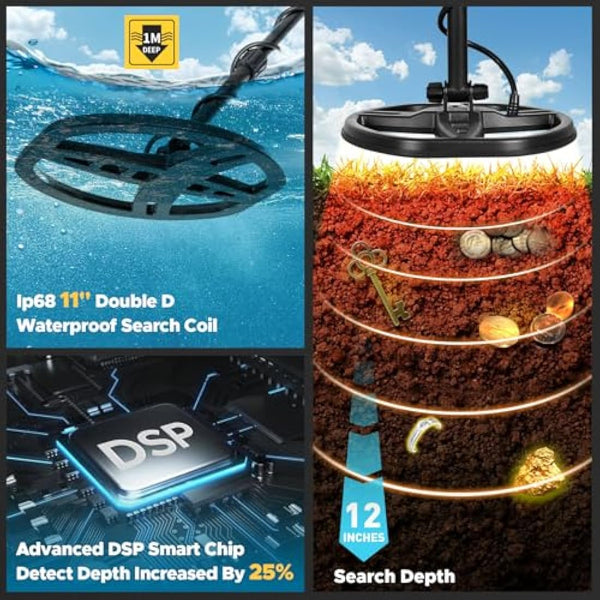 Hazlewolke Professional Metal Detector for Adults with Adjustable Ground Balance, Strong Anti-interference Ability & High Sensitivity & Pinpoint Mode, 11" Double D Waterproof Search Coil Gold Finder