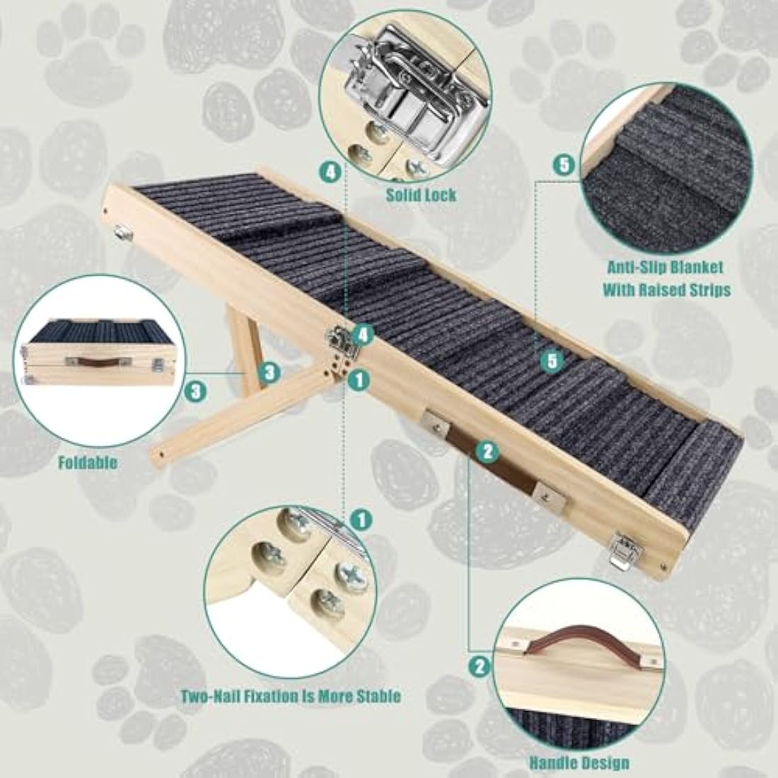 Umtiti Wooden Folding Portable Pet Ramp. 4 Levels Adjustable 9" to 17.3" with Non-Slip 5 Paw Traction Mat for Small Medium Doggie. Dog Ramps-UK