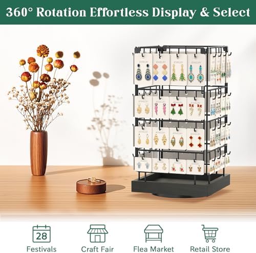 EsLuker.ly Rotating Earring Display Holder Stand for Vendors Events Selling, Large Capacity 64 Hooks Jewelry Rack with Wooden Base for Earring Card Sales, Enhances Retail Visibility (Black+Black)