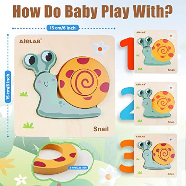 Airlab Wooden Jigsaw Puzzle for Kids, Garden Animals Chunky Shape Puzzles for Toddlers Over 1 2 3 Year Olds, Baby Montessori Preschool Educational Learning Toys for Girls Boys, Children Handmade Toys