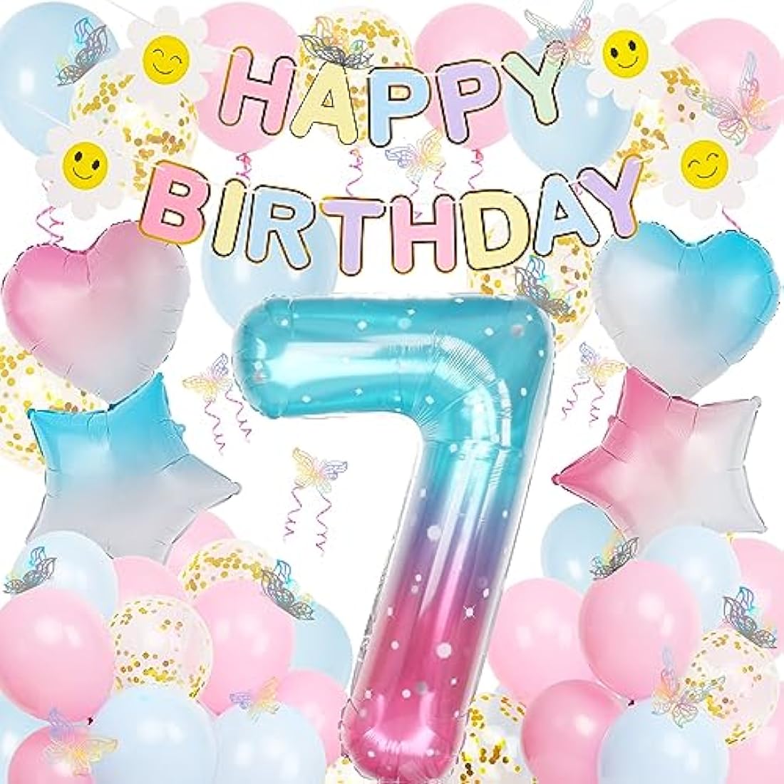 7th Birthday Decorations for Girls, Gradient Color 40 Inch Age 7 Foil Balloons with Happy Birthday Banner and Butterfly Stickers, for Baby Shower, Girls Boys Party Decorations