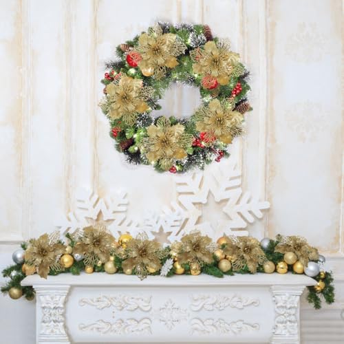12pcs Glitter Poinsettia Christmas Artificial Flowers Christmas Tree Floral Ornaments Decorations Xmas Tree Pendant Christmas Wreath Filler (Golden)