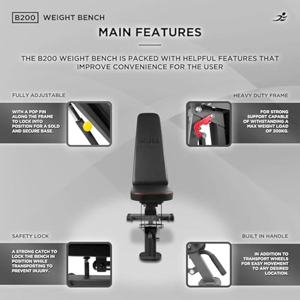 JLL® B200 Adjustable Weight Bench, Multiple levels of incline, Heavy-duty frame suitable for weight lifting exercises, Full body workouts, Home gym use