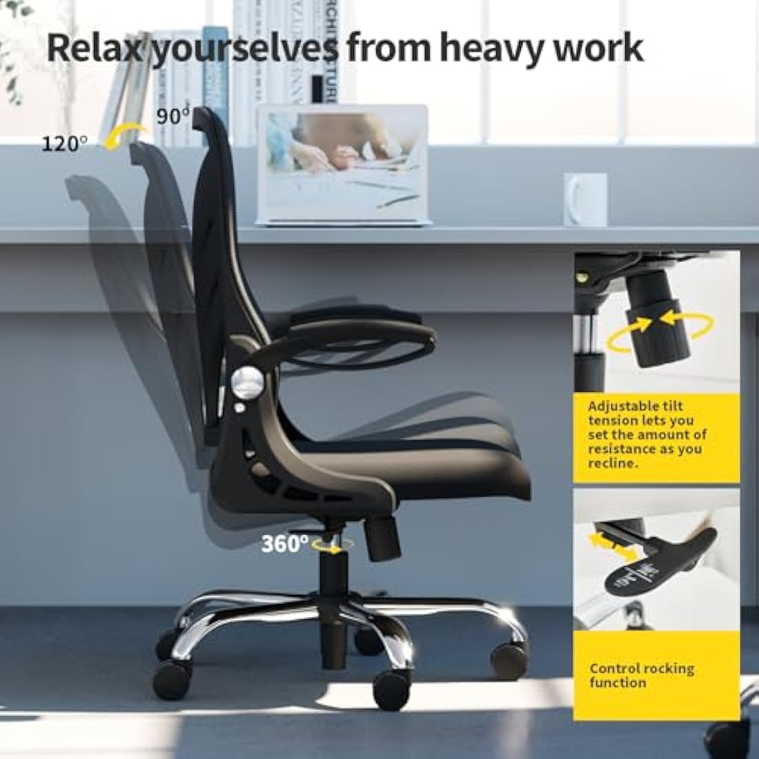 HOLLUDLE Ergonomic Office Chair with Foldable Backrest, Computer Desk Chair with Flip-up Armrests, Mesh Lumbar Support and Tilt Function Big and Tall Office Chair, Black
