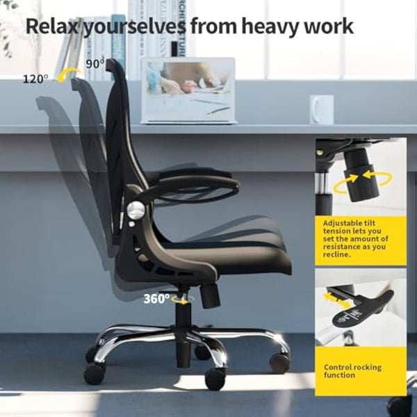HOLLUDLE Ergonomic Office Chair with Foldable Backrest, Computer Desk Chair with Flip-up Armrests, Mesh Lumbar Support and Tilt Function Big and Tall Office Chair, Black