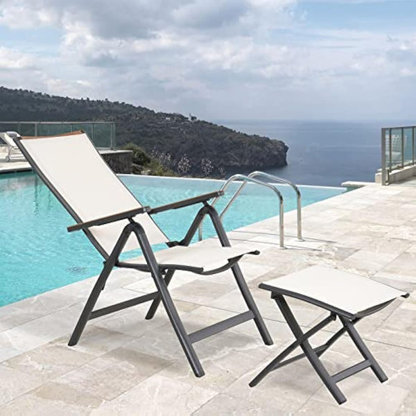 Grand patio folding chair, Aluminium garden chairs set of 2 with Armrest & Mesh breathable Seat, Adjustable 6 Position High Backrest, foldable dining chair for Outdoor, Garden, Dining room (White)