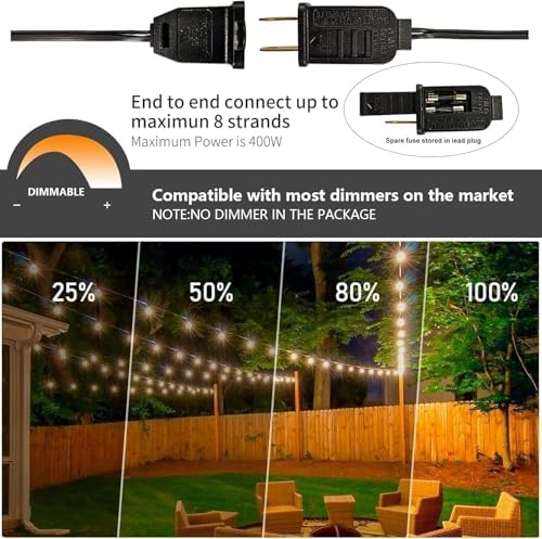 Bomcosy Outdoor LED String Lights 100FT, 30M Festoon Lights Mains Powered with 52 Plastic Bulbs, Waterproof, Shatterproof Warm White 2700K for Backyard Outside Patio Halloween Decorations