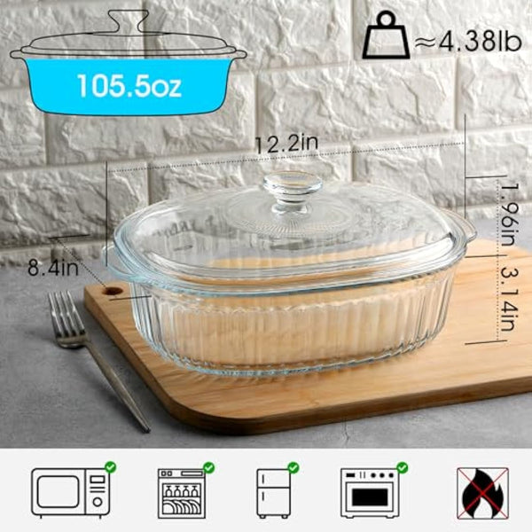 NUTRIUPS 3L Oval Glass Casserole Dish with Lid, Borosilicate Glass, Large Oval Casserole Dish for Oven, Oven Proof Dishes with Lids(31×21.5×13cm）