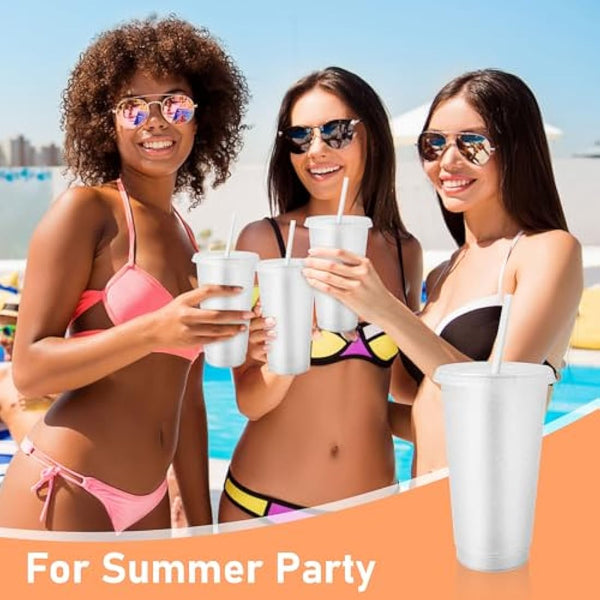 24 Pcs Reusable Cups with Lids and Straws 24 oz Glitter Iced Coffee Tumbler Plastic Travel Mug Cup for Smoothie Juices Birthday Sleepover Party Supplies (Clear)