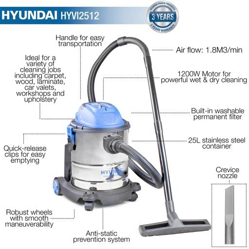 Hyundai 1200W 3-In-1 Wet and Dry Vacuum Cleaner, 3 Year Warranty