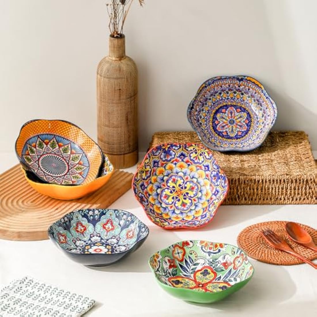HENXFEN LEAD Porcelain Salad Bowl, 590ml Dessert Bowl Cereal Bowl, Multifunctional Flower Shaped Pasta Bowl for Ice Cream, Rice, Dessert, etc. Colourful, Pack of 6 - Bohemian Style