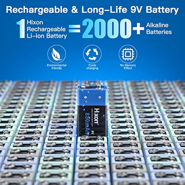 9V Rechargeable Battery 850mAh 9 Volt Battery 4 Pack 9V PP3 6F22 Lithium-ion Batteries with 9V Battery Charger for Smoke Detector Multimeter Toys